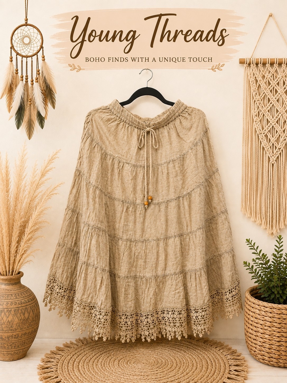 207 Young Threads Boho Crochet-Hem Maxi Skirt in Tan
